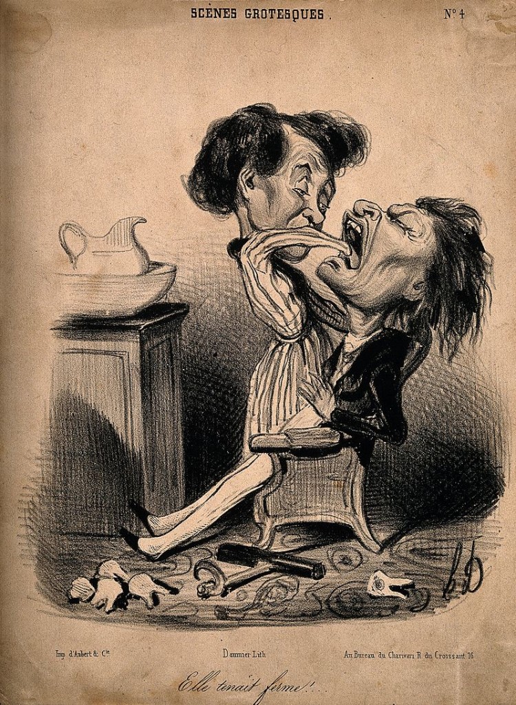 A_woman_reaches_down_into_a_man's_throat_to_pull_out_another_tooth_Wellcome_V0011763