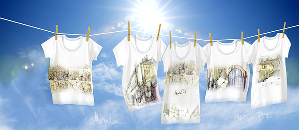 tricouri albe cu imprimeuri inspirate din acuarelele realizate de mine în Veneția