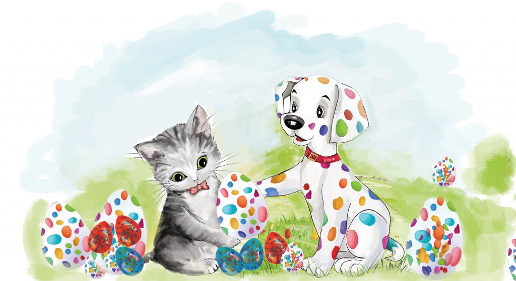 Pupo, catelul cu buline colorate si Miti, prietena lui. Illustration by Mirela Pete